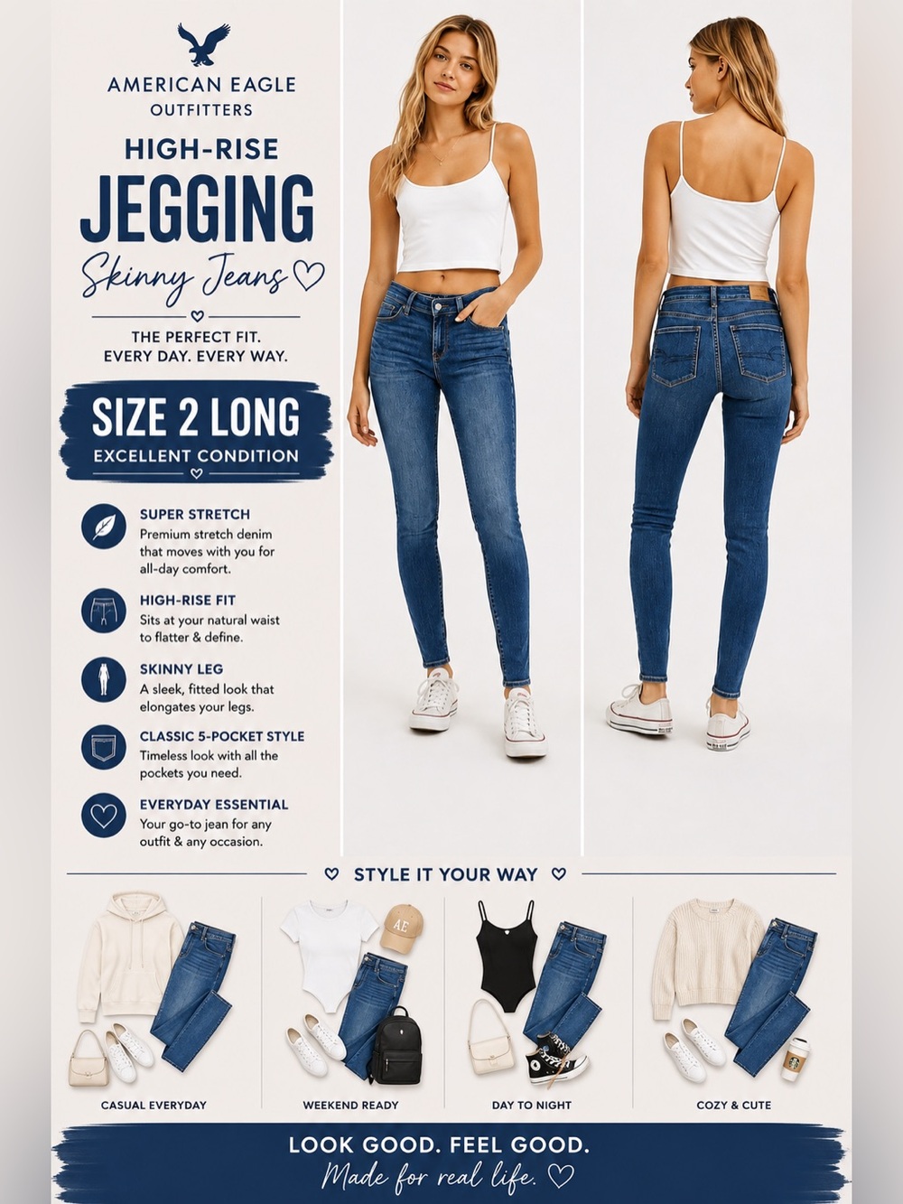 American Eagle High-Rise Jegging Skinny Jeans Women’s Size 2 Long medium wash